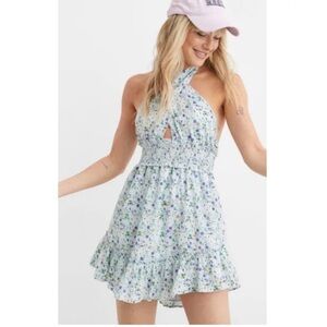 Aerie Dress Womens Large White Blue Floral Spring Fling Halter Mini Ruffled